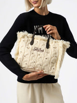 White cable knit Colette handbag with rhinestones embellishment