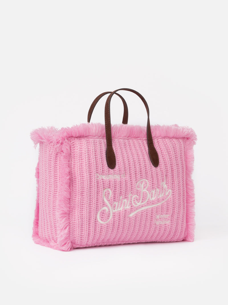 Pink rib knit Colette handbag with logo embroidery