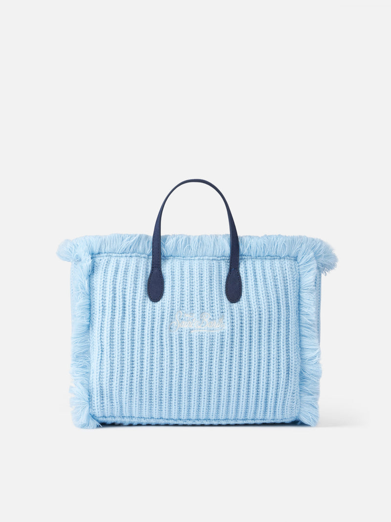 Light blue rib knit Colette handbag with logo embroidery