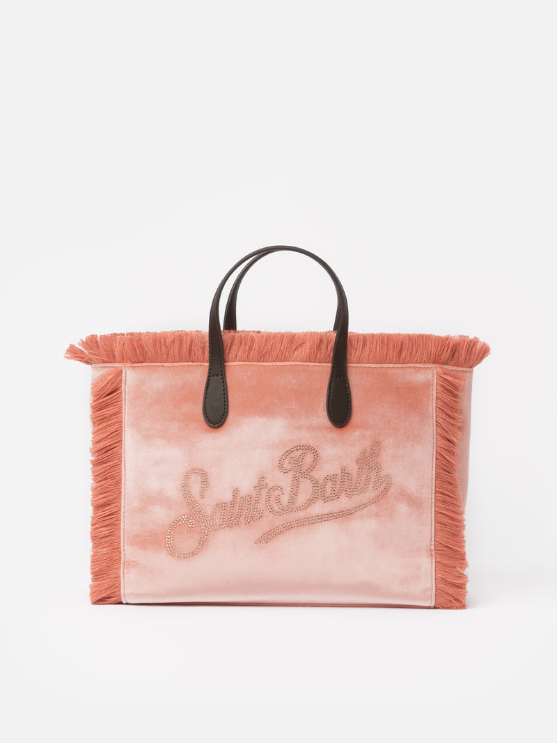 Borsa Colette in velluto rosa con logo in strass