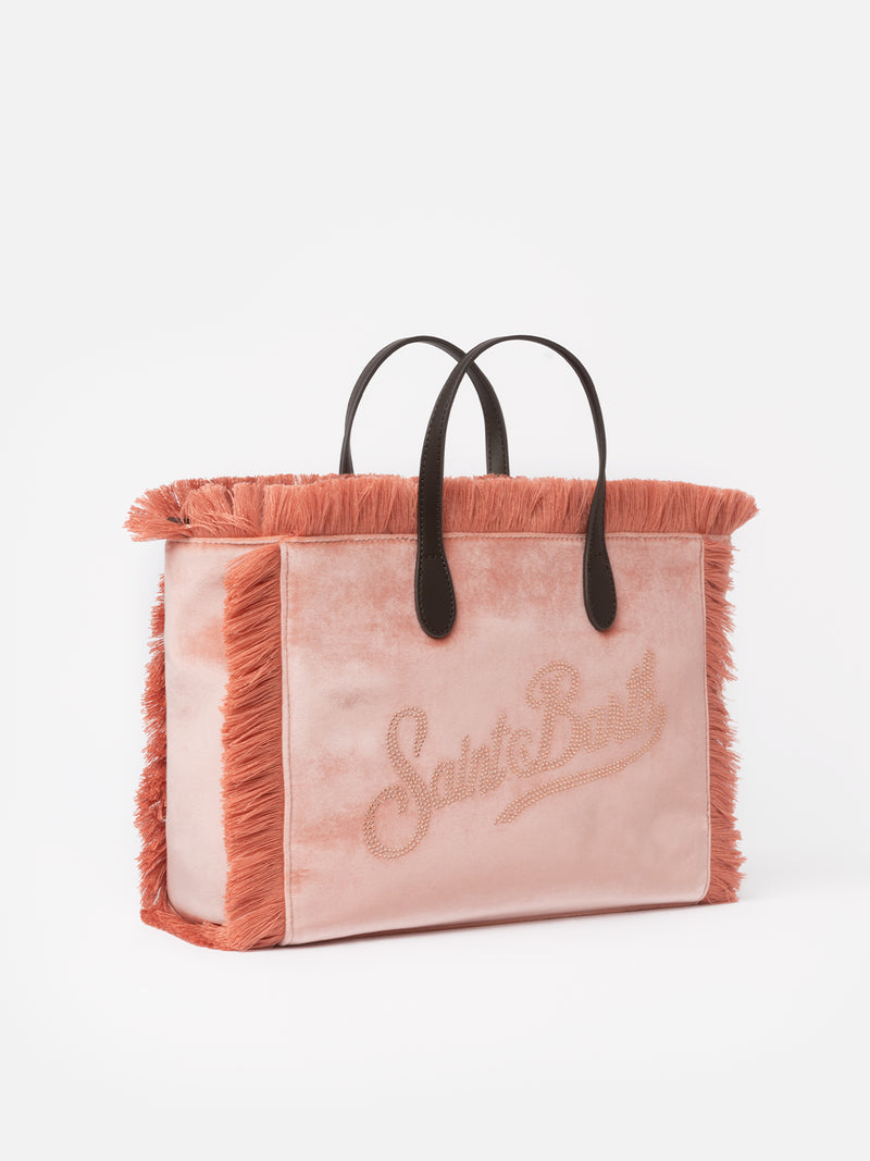 Pink velvet Colette handbag with rhinestones logo