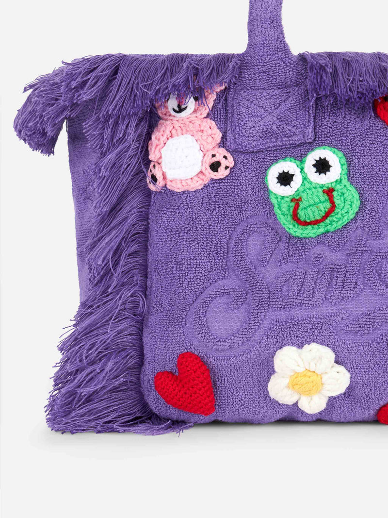 Colette – weiche Handtasche aus violettem Frottee mit mehreren Patches | BEEPY BELLA SPECIAL EDITION