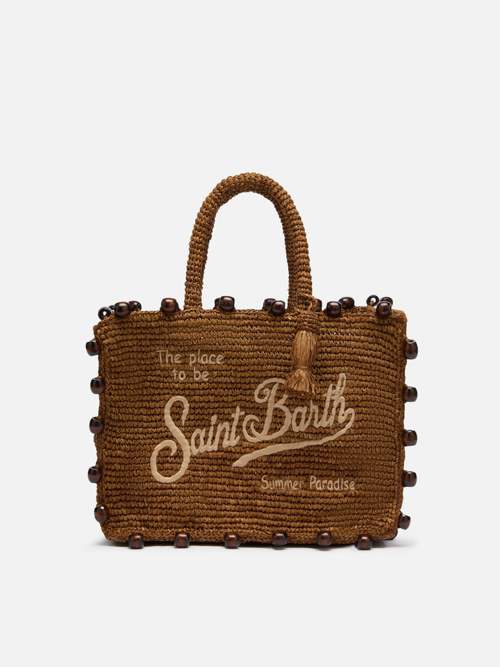 Borsa Colette in rafia marrone con perline e logo ricamato