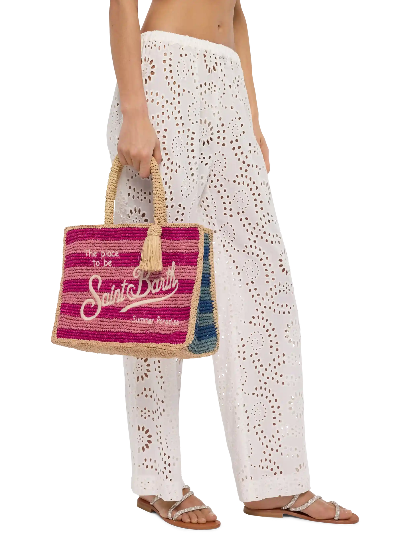 Colette Raffia multicolor striped handbag with logo  embroidery