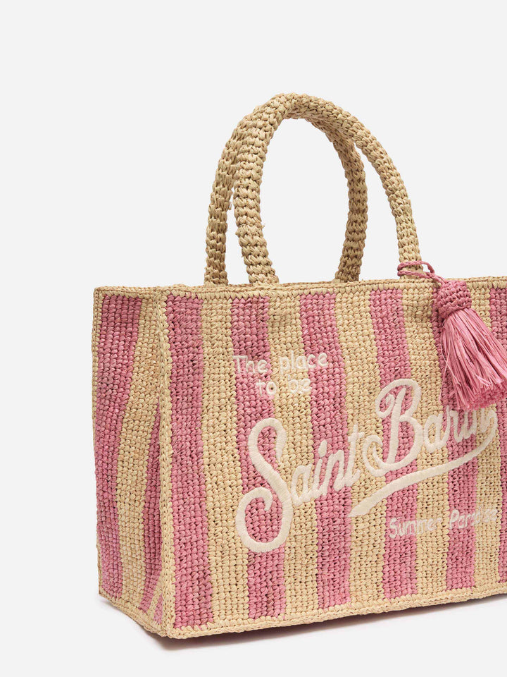 Borsa Colette in rafia a righe rosa con logo ricamato