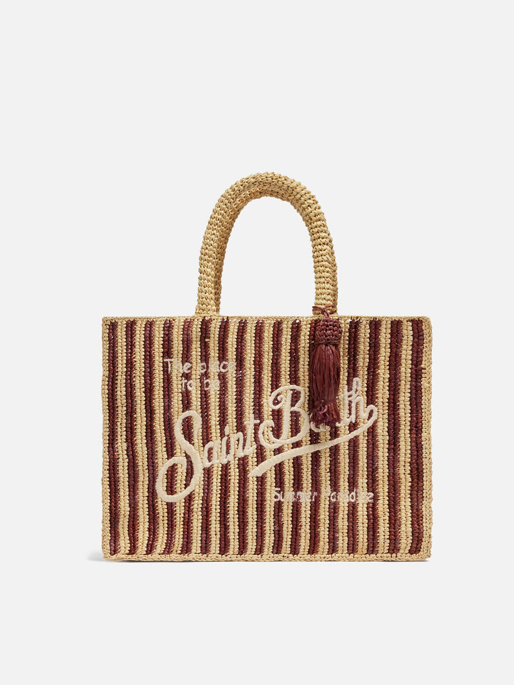 Borsa Colette in rafia a righe marroni con logo ricamato