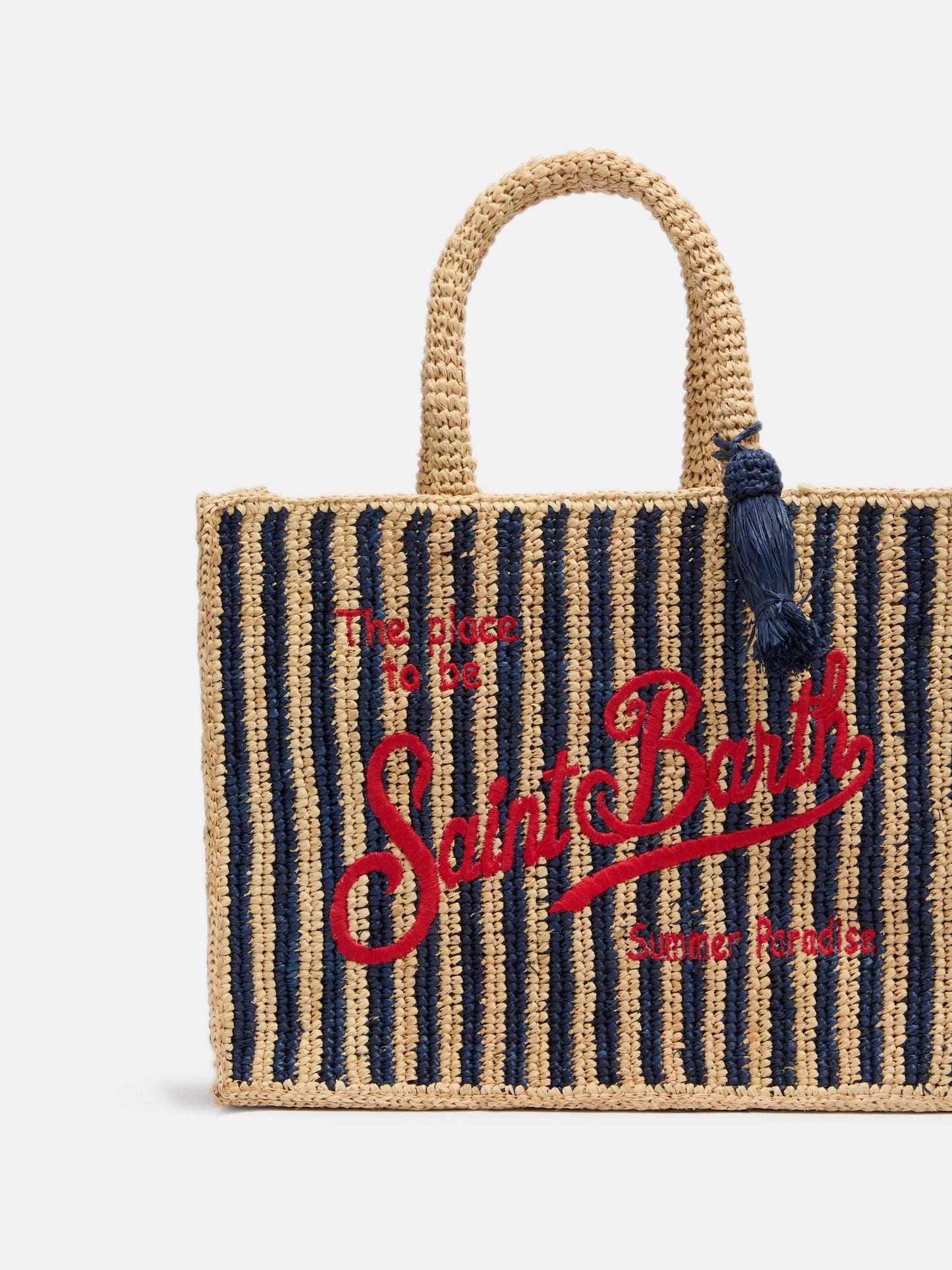 Marineblaue gestreifte Handtasche Colette Raffia mit Logo-Stickerei