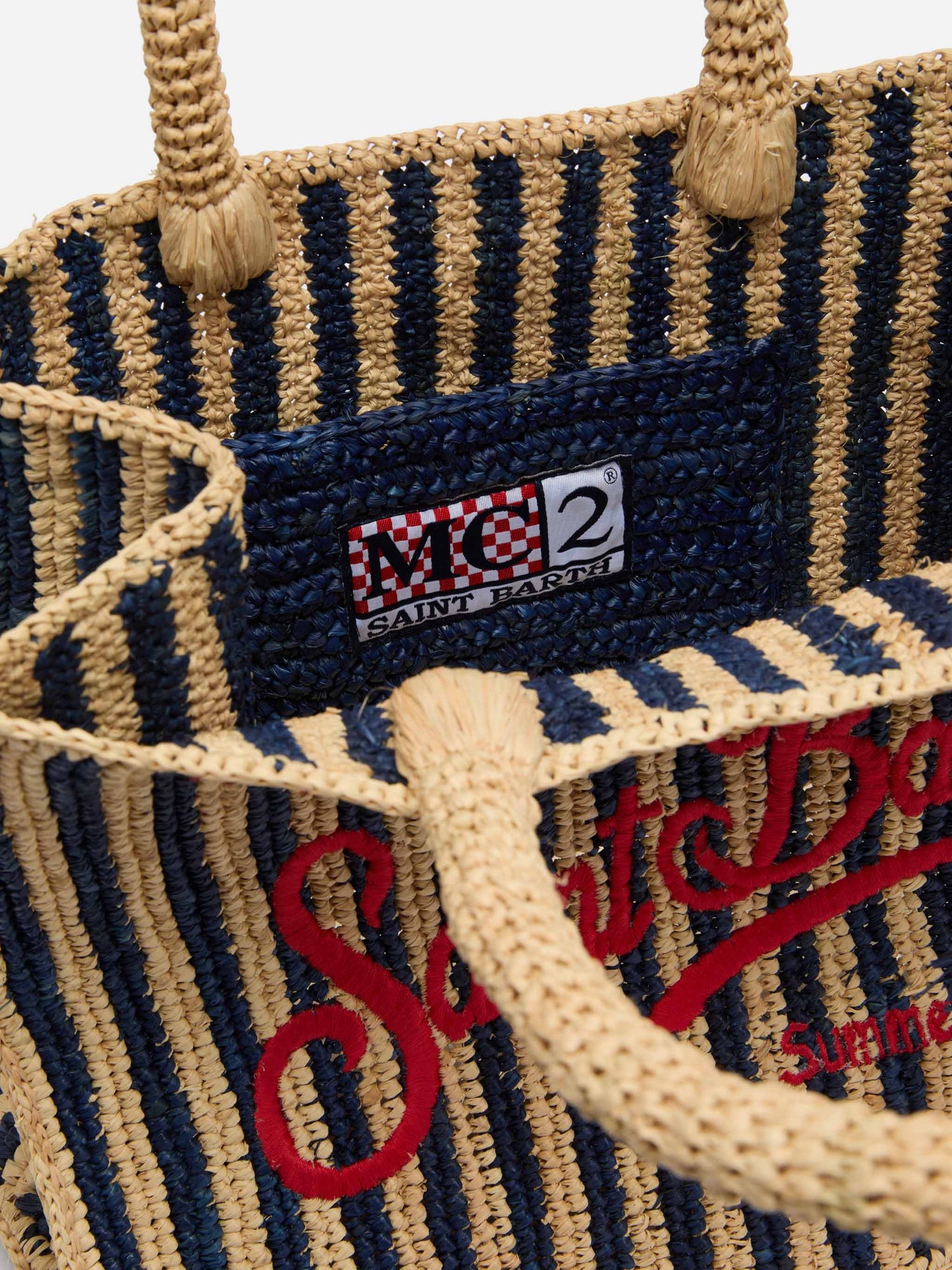 Marineblaue gestreifte Handtasche Colette Raffia mit Logo-Stickerei