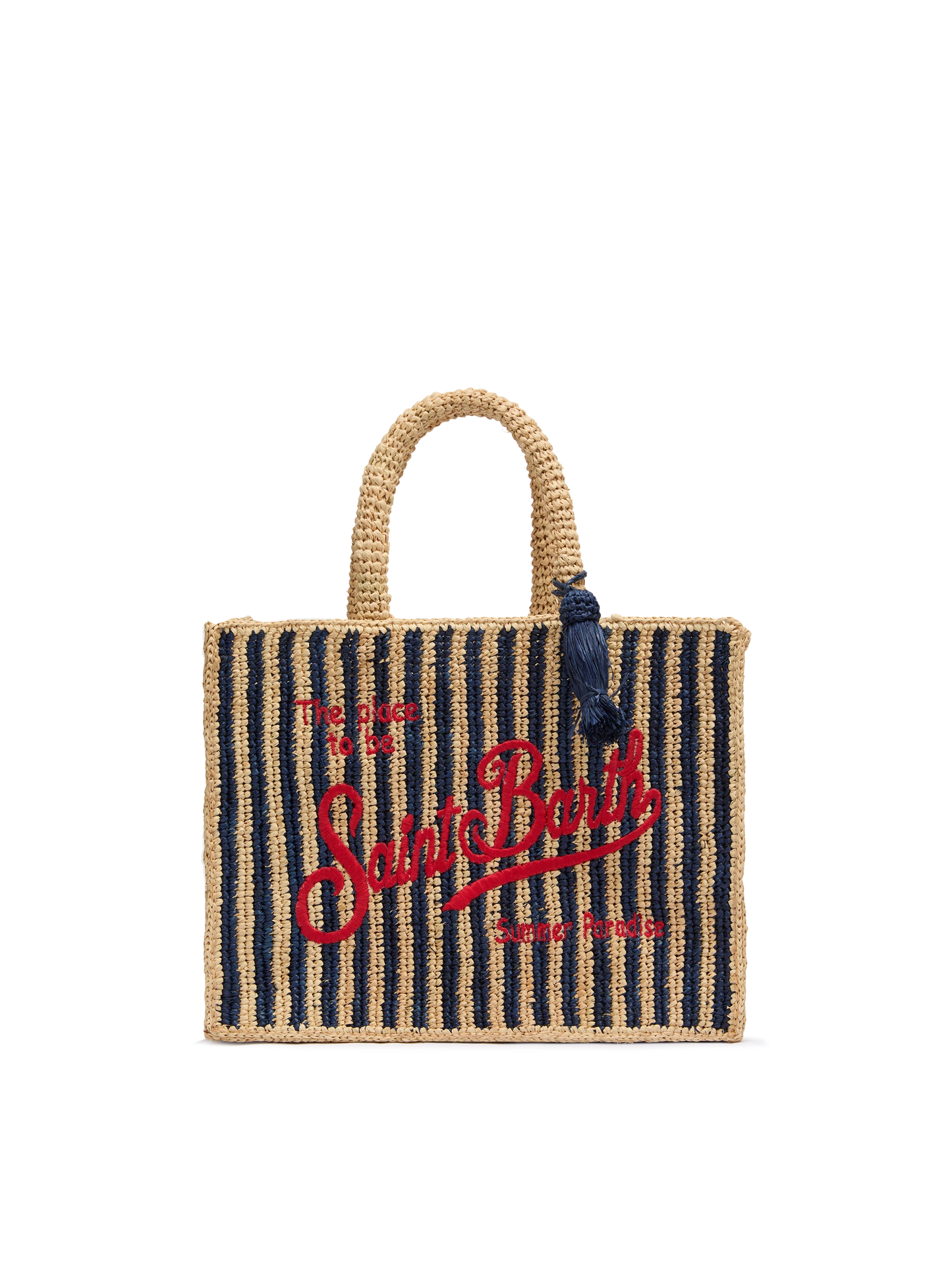 Marineblaue gestreifte Handtasche Colette Raffia mit Logo-Stickerei