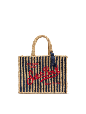 Marineblaue gestreifte Handtasche Colette Raffia mit Logo-Stickerei