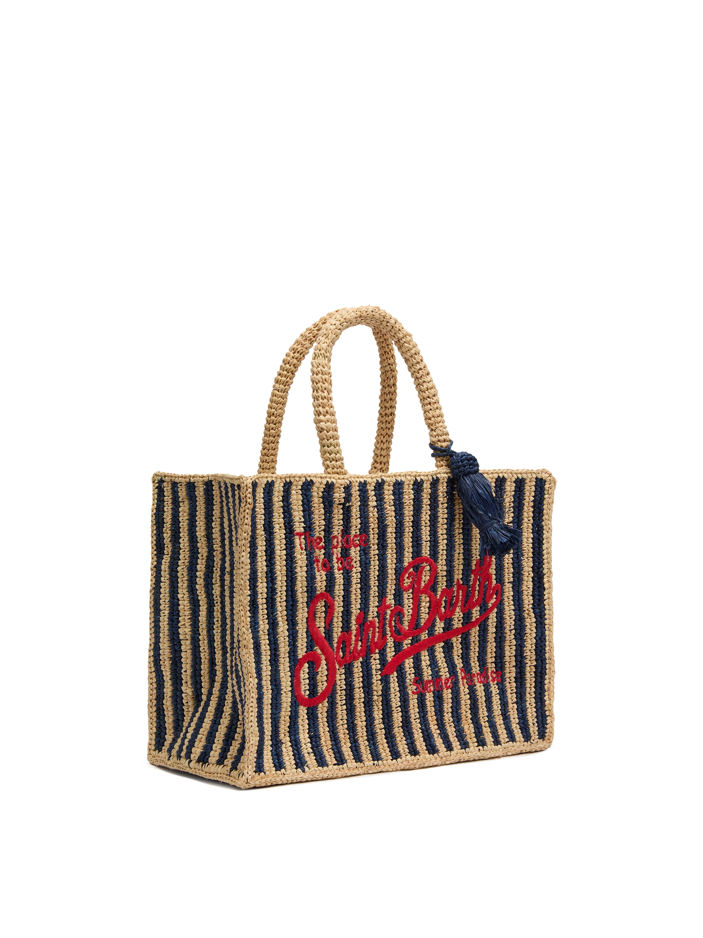 Marineblaue gestreifte Handtasche Colette Raffia mit Logo-Stickerei