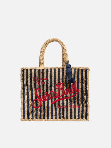 Colette Raffia navy blue striped handbag with logo embroidery