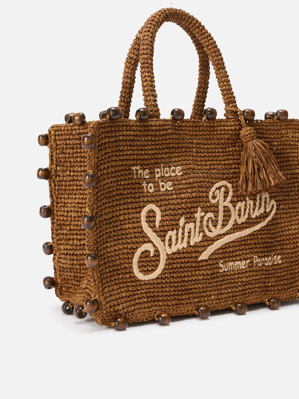 Sac Colette en raphia avec logo brodé et perles appliquées 