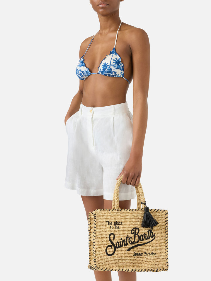 Borsa Colette in raffia beige con logo ricamato nero e nappetta