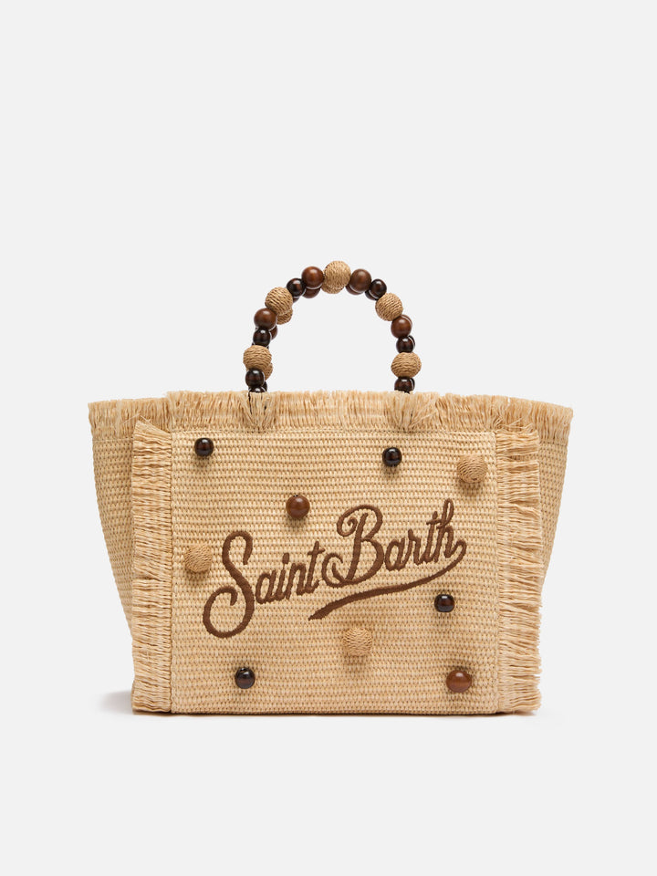 Borsa Colette effetto paglia con perline di legno e logo ricamato