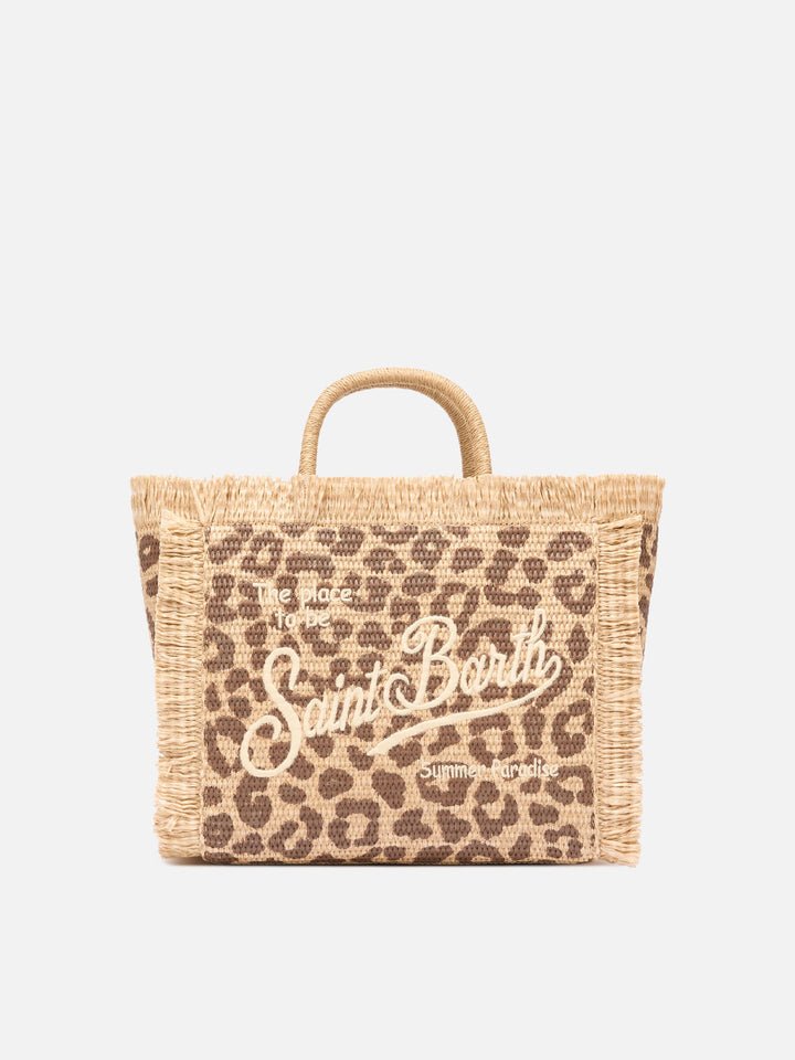 Colette straw effect bag with leopard embroidery