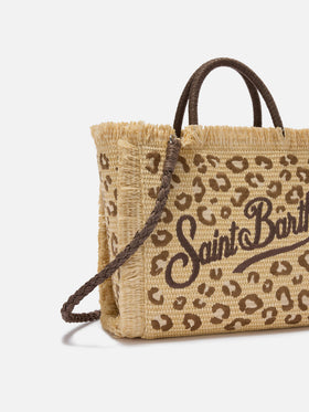 Borsa Colette in tessuto effetto paglia con ricamo leopardato