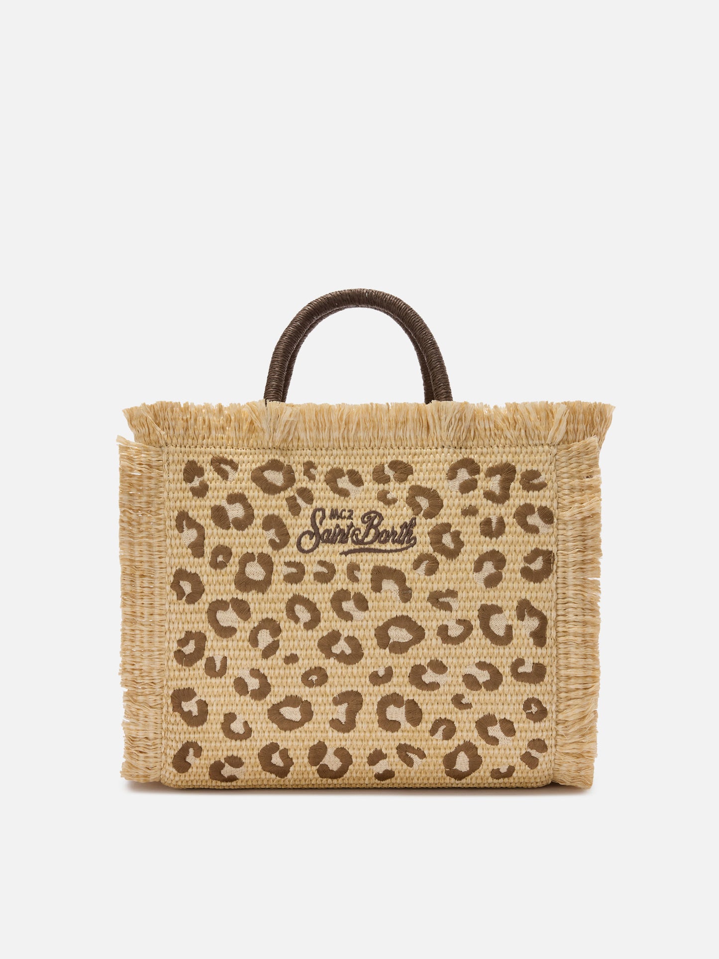 Borsa Colette in tessuto effetto paglia con ricamo leopardato