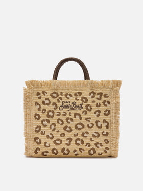 Borsa Colette in tessuto effetto paglia con ricamo leopardato