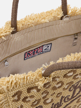 Borsa Colette in tessuto effetto paglia con ricamo leopardato