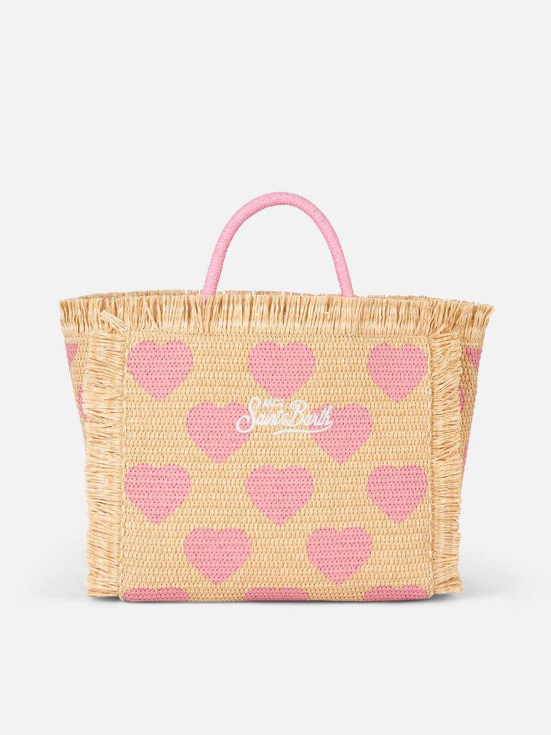 Borsa Colette Raffia beige naturale con ricamo a cuori