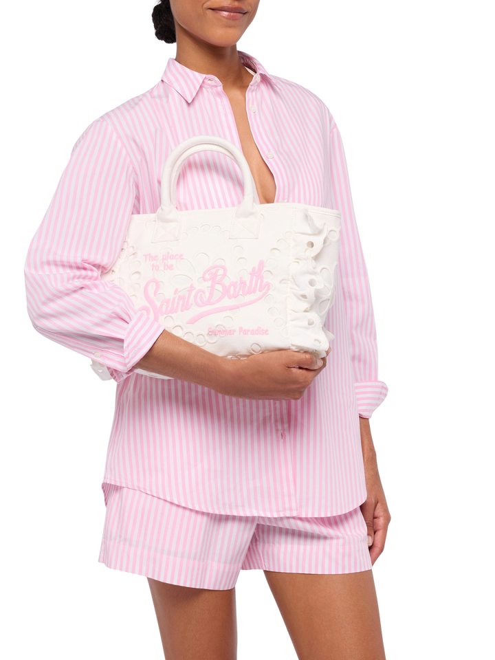 Borsa Colette bianca in pizzo di cotone Sangallo con balza