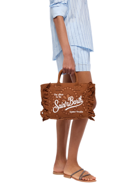 Borsa Colette marrone cammello in pizzo di cotone Sangallo con balza
