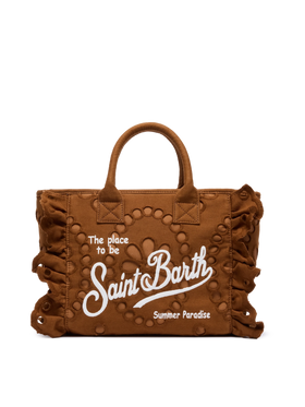 Colette camel brown handbag in Sangallo cotton lace with flounce - MC2 Saint Barth