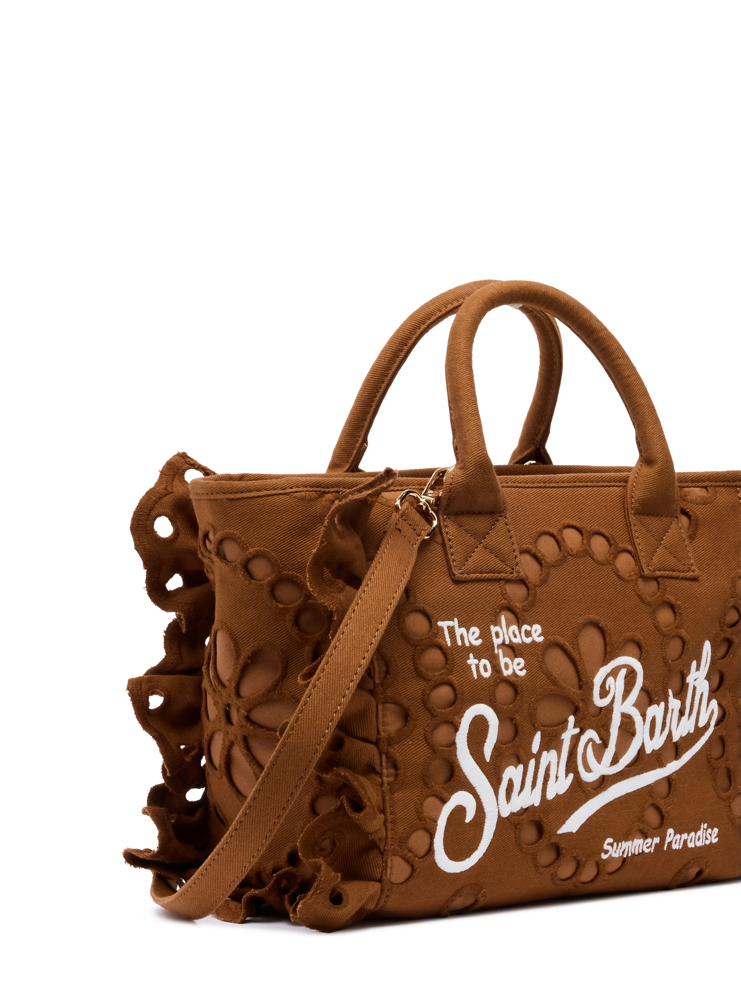 Colette camel brown handbag in Sangallo cotton lace with flounce - MC2 Saint Barth