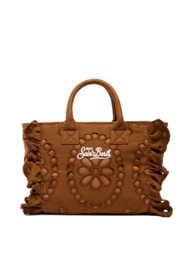 Colette camel brown handbag in Sangallo cotton lace with flounce - MC2 Saint Barth