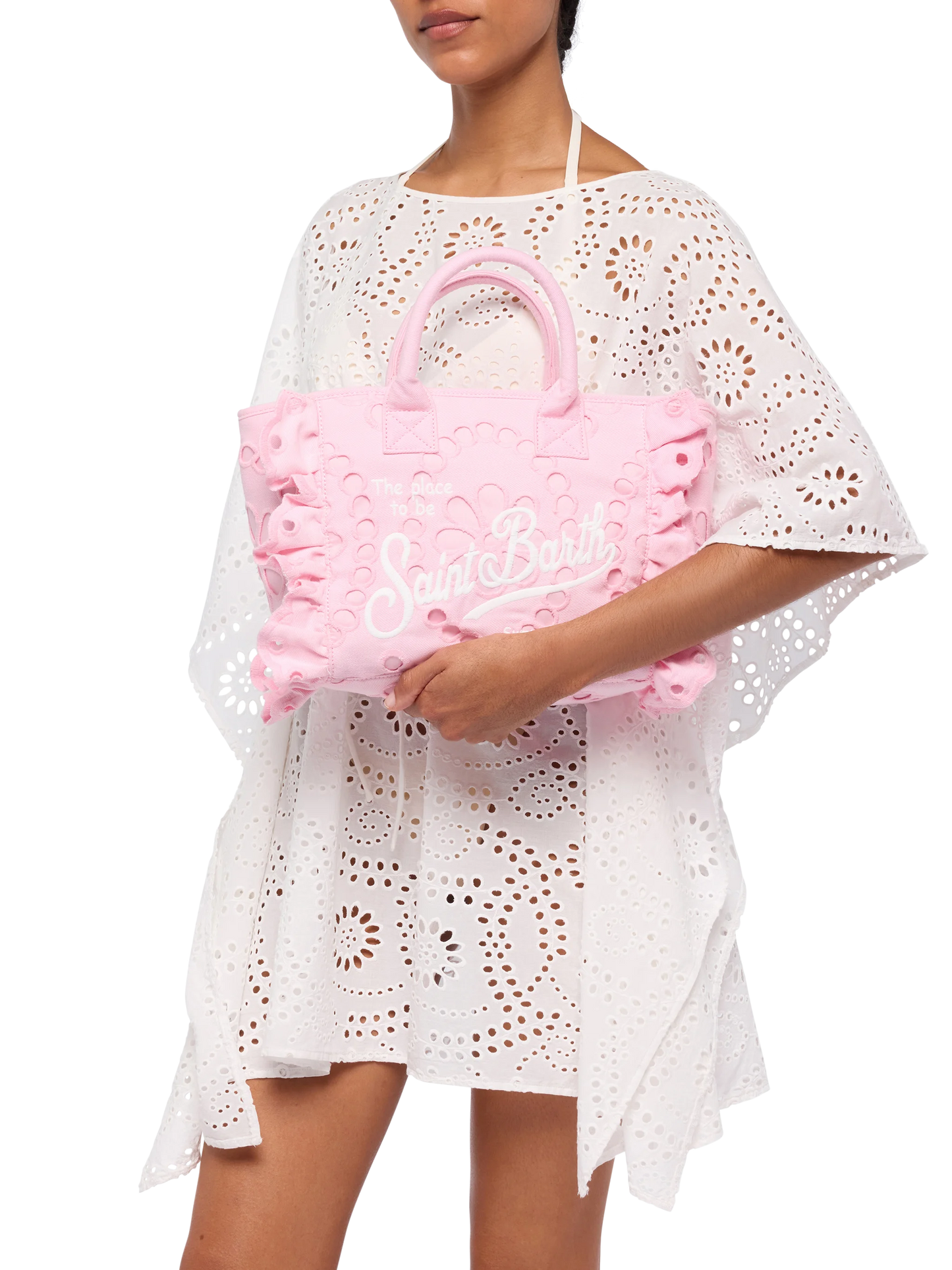 Borsa Colette rosa in pizzo di cotone Sangallo con balza