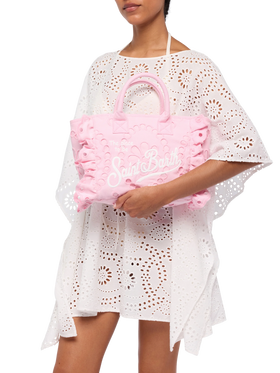 Borsa Colette rosa in pizzo di cotone Sangallo con balza
