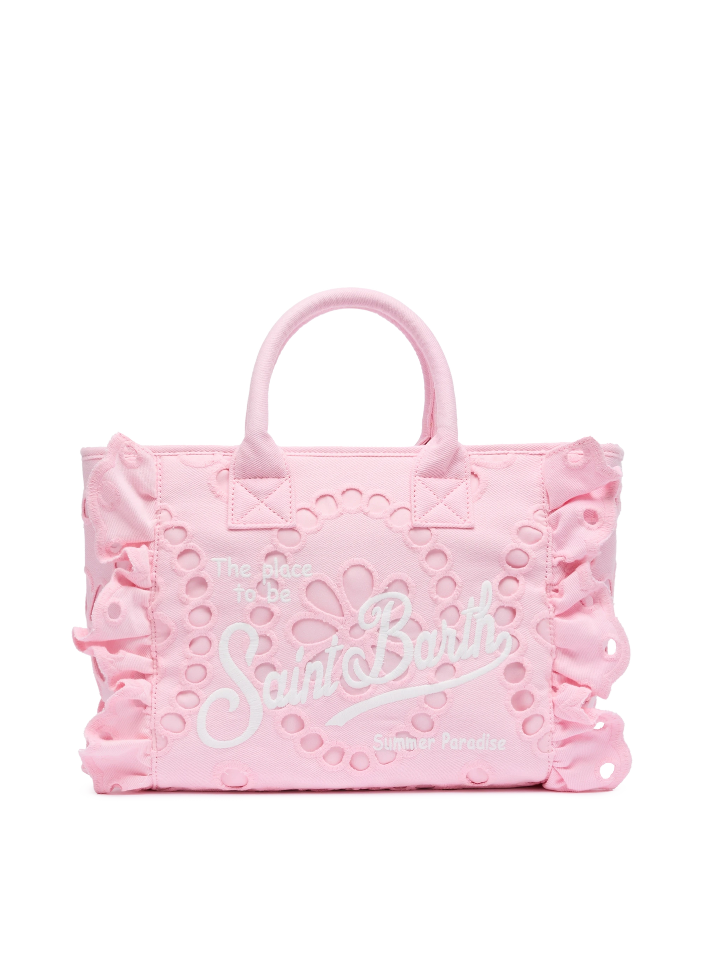 Borsa Colette rosa in pizzo di cotone Sangallo con balza