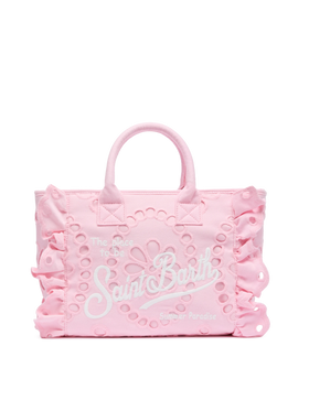 Borsa Colette rosa in pizzo di cotone Sangallo con balza