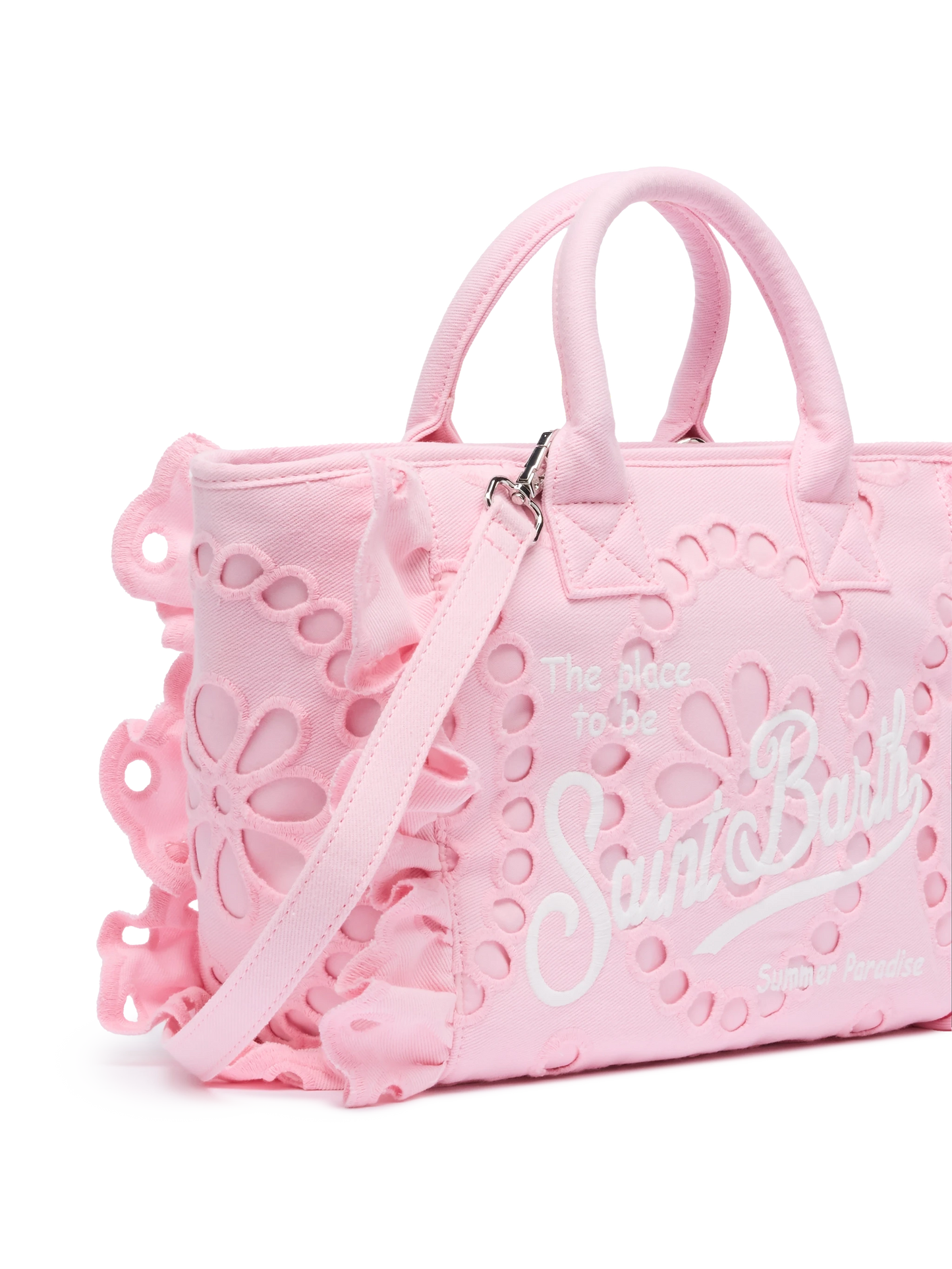Borsa Colette rosa in pizzo di cotone Sangallo con balza