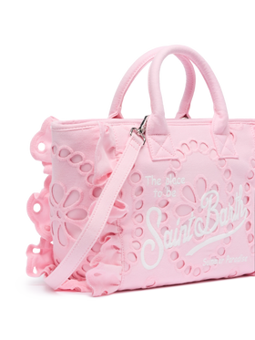 Borsa Colette rosa in pizzo di cotone Sangallo con balza