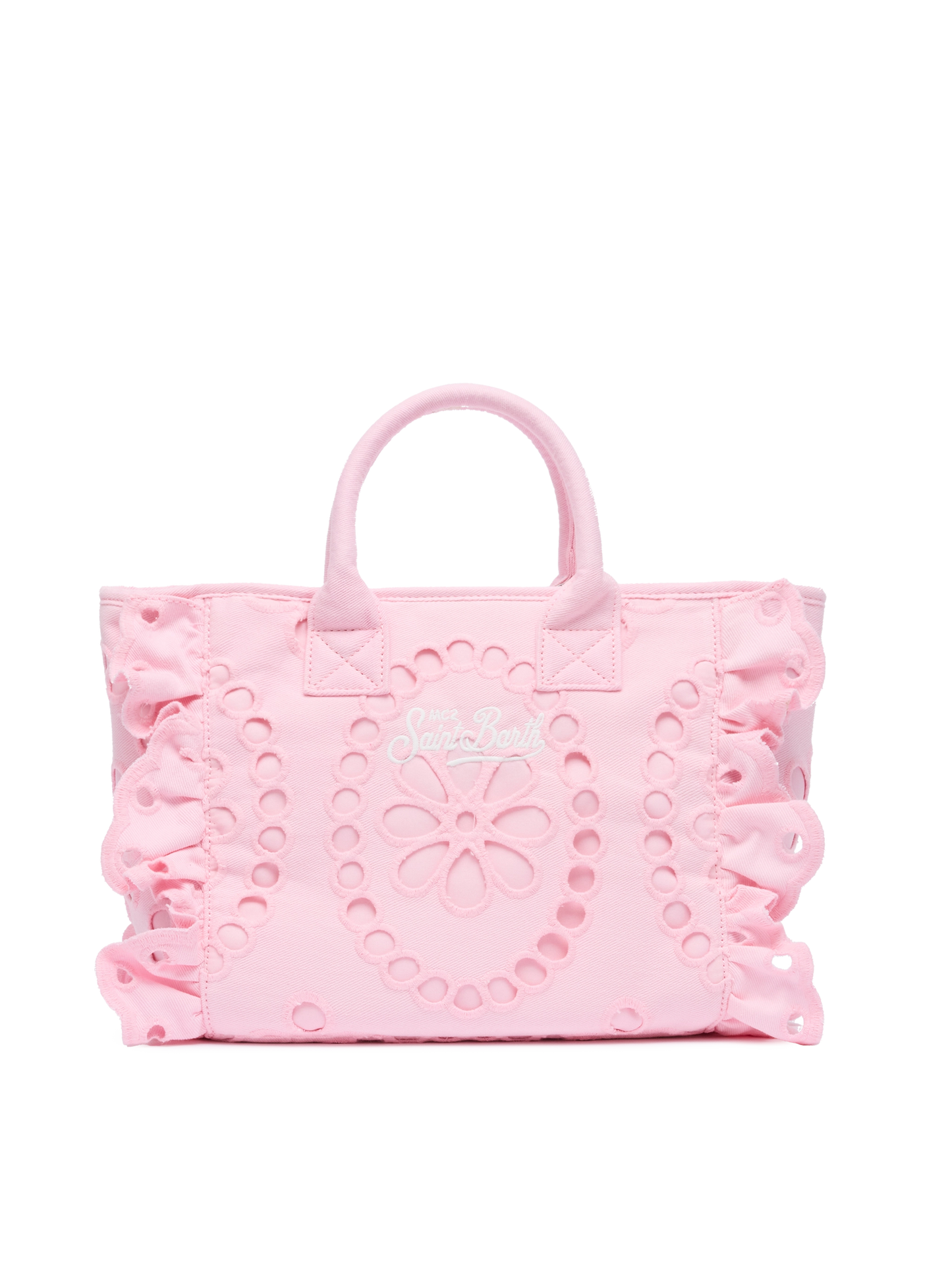 Borsa Colette rosa in pizzo di cotone Sangallo con balza