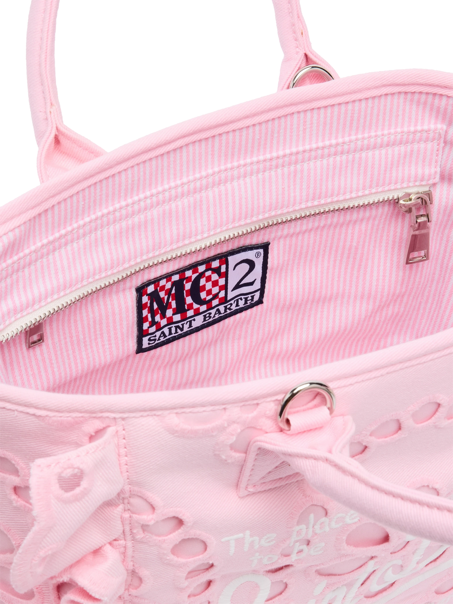 Borsa Colette rosa in pizzo di cotone Sangallo con balza