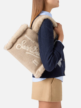 Borsa Colette beige effetto montone a costine con ricamo logo