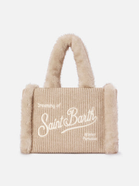 Borsa Colette beige effetto montone a costine con ricamo logo