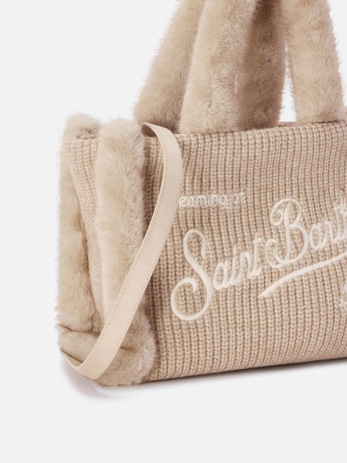 Borsa Colette beige effetto montone a costine con ricamo logo