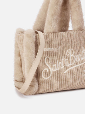 Borsa Colette beige effetto montone a costine con ricamo logo