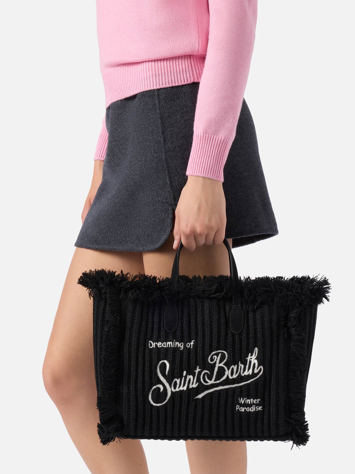 Borsa a mano Colette Wool Rib in misto lana nera a trecce