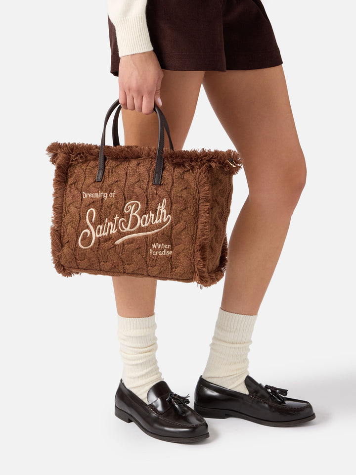 Brown Colette bag with cable knit design and lurex embroidery