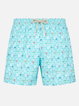 Man stretch fabric comfort swim shorts with sea star print