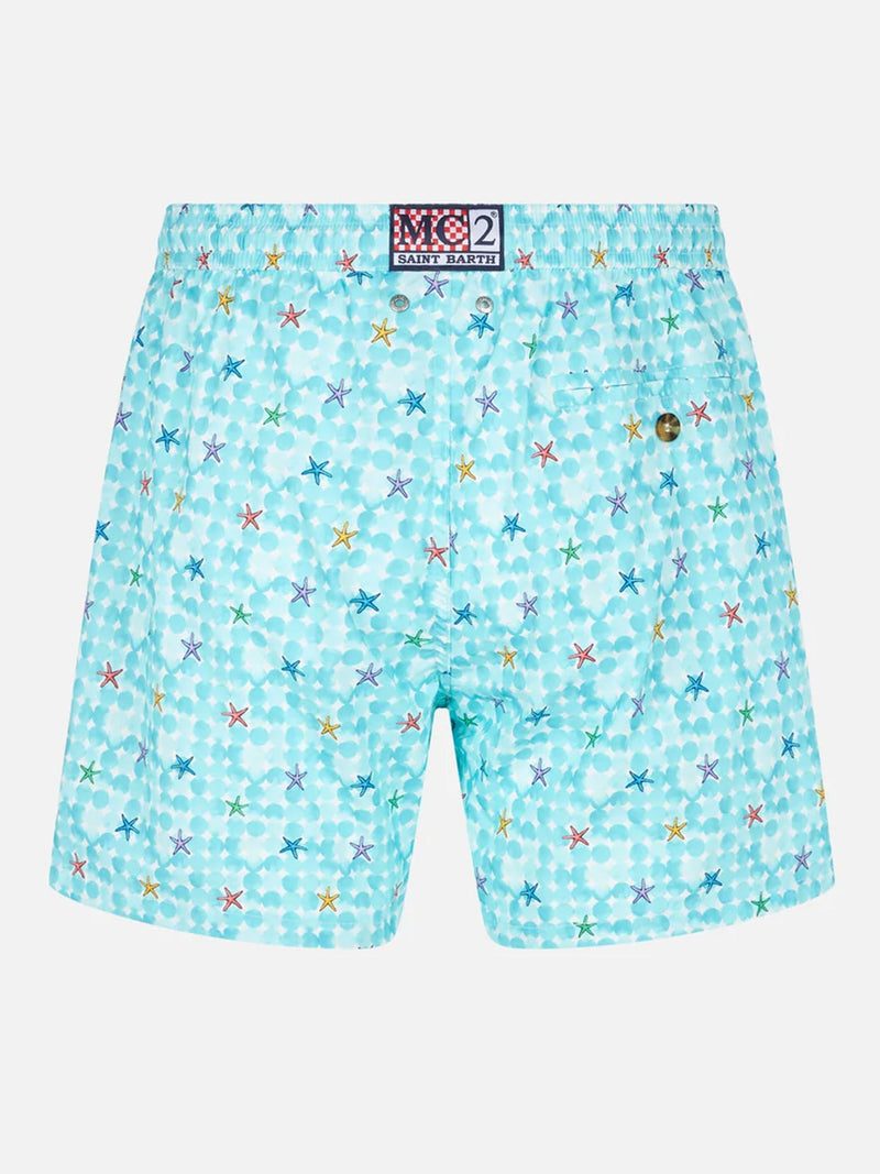 Man stretch fabric comfort swim shorts with sea star print