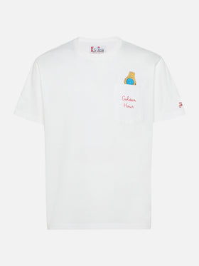 T-shirt Connor in cotone bianco con ricamo sul taschino Golden hour
