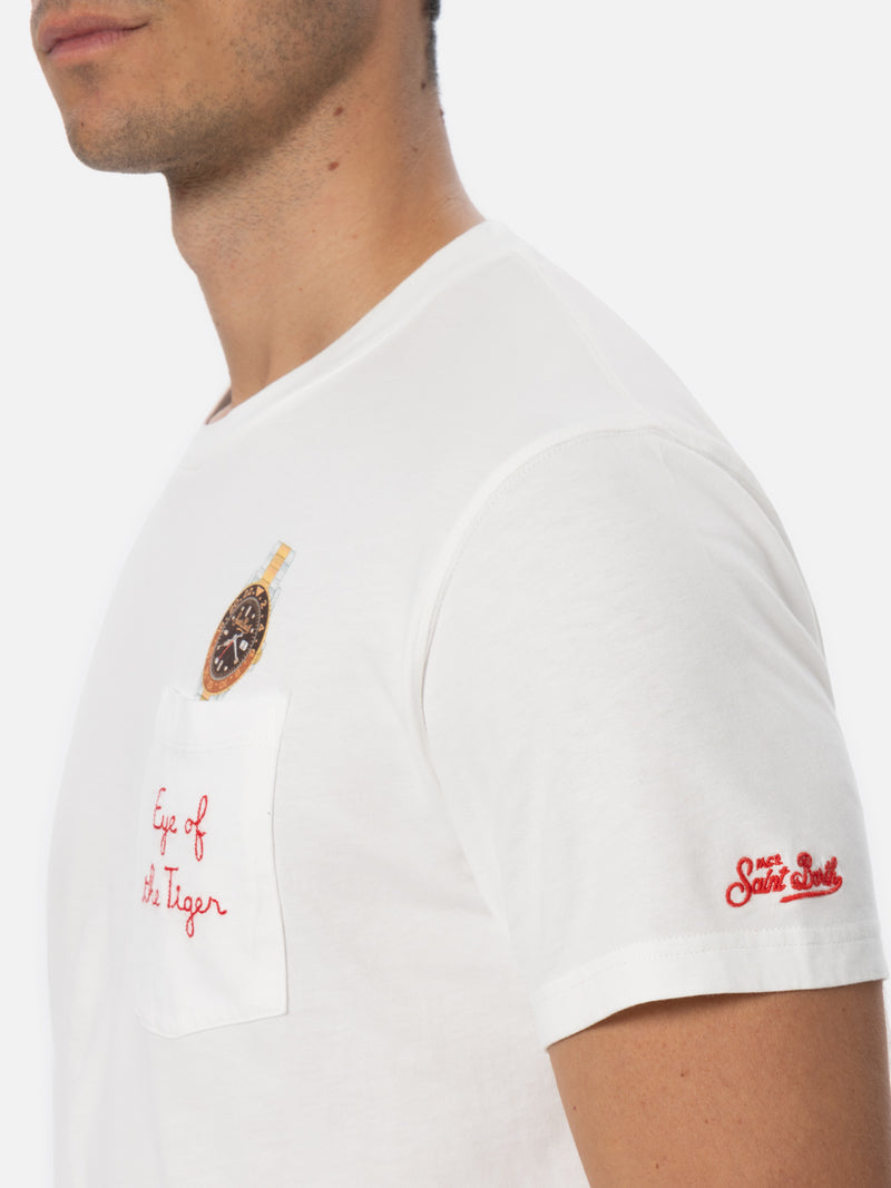 Man white cotton t-shirt Connor with eye of the tiger embroidery