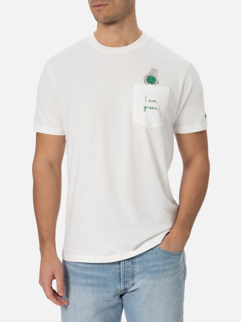 Man white cotton t-shirt Connor with I am green embroidery