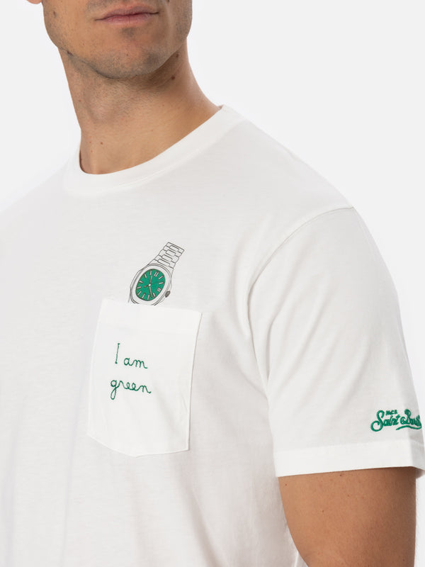 Man white cotton t-shirt Connor with I am green embroidery